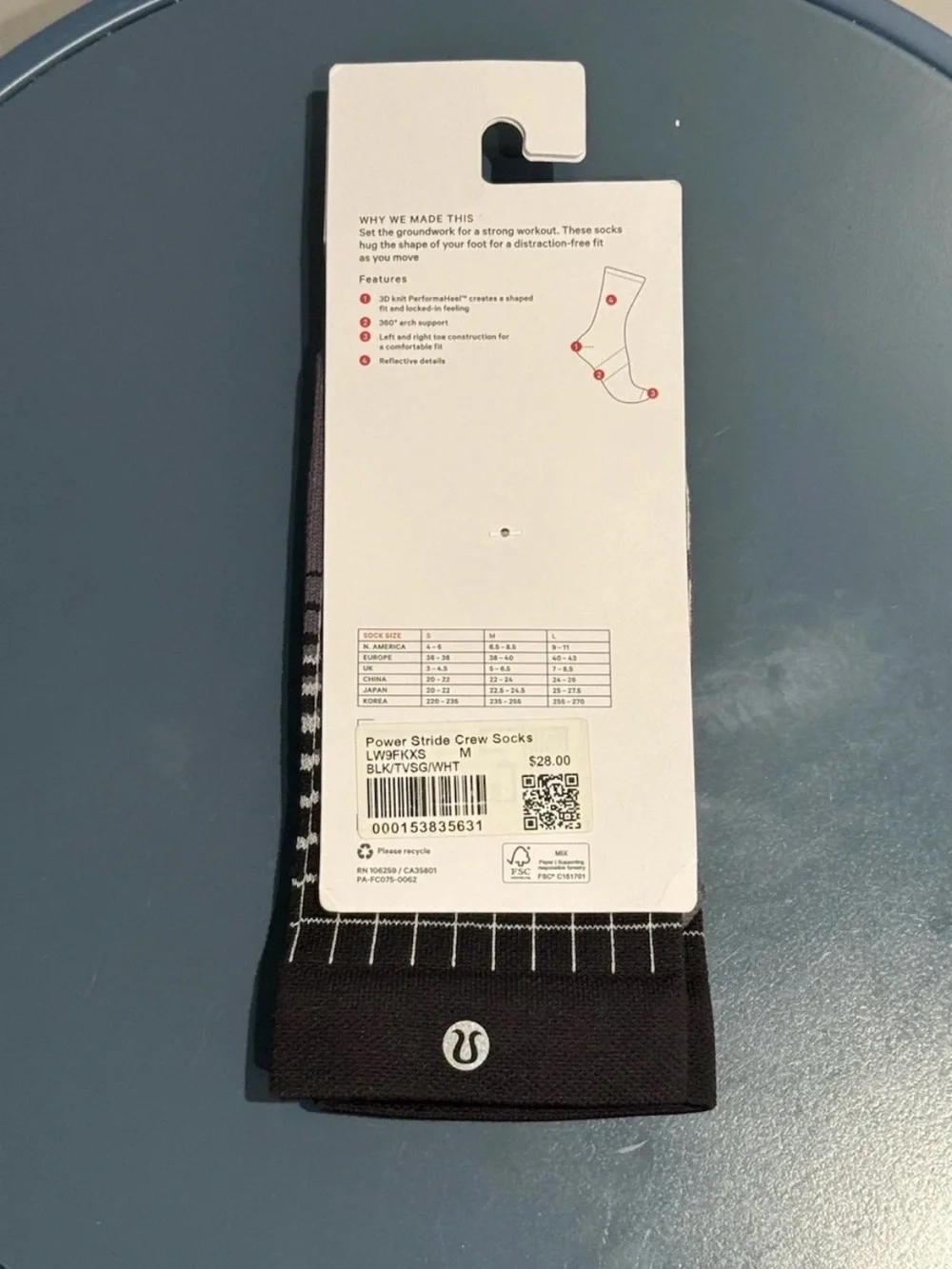Women’s Lululemon Power Stride Crew Sock Black  Reflective Size Medium (6.5-8.5)